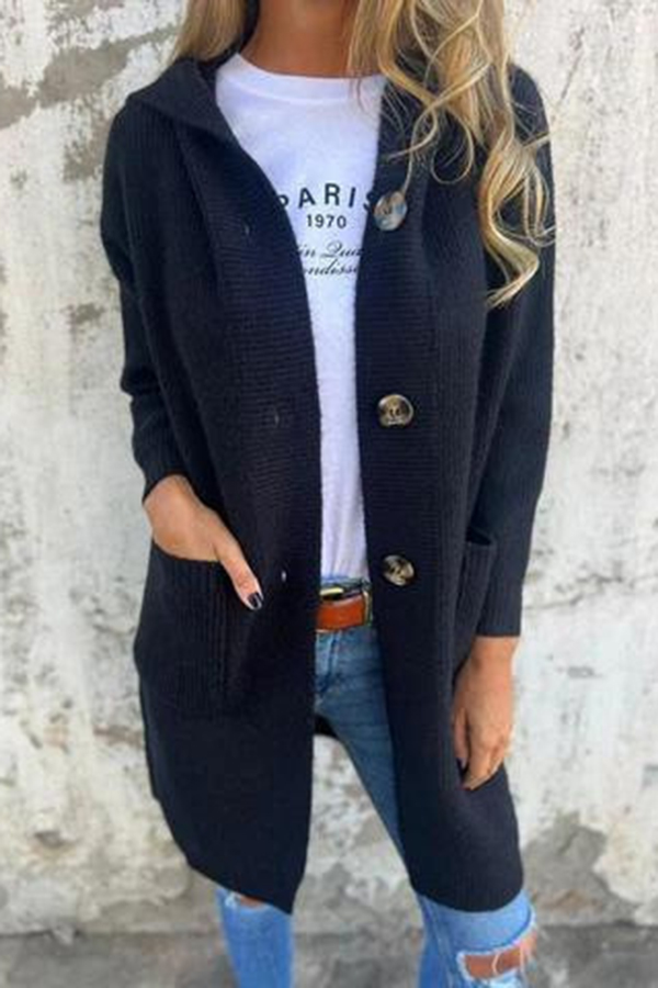 Solid Color Hooded Pocket Mid-length Knitted Cardigan-consonak