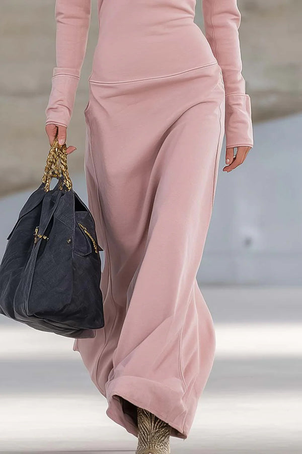 Solid Color Long-sleeved Lapel Zipper Casual Maxi Dress-consonak