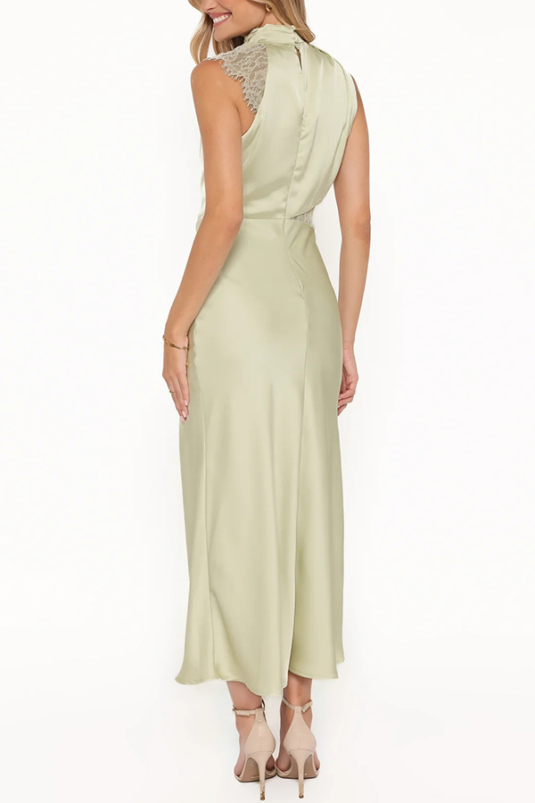 Touch of Allure Satin Drape High Neck Lace Detail Maxi Dress