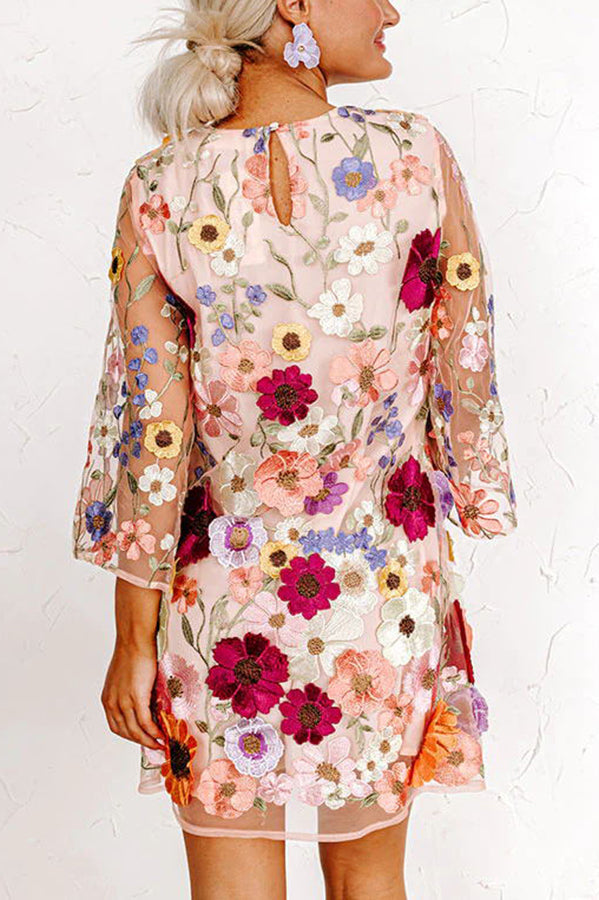 Dahlia Dreaming Embroidered Floral Applique Half Sleeve Mini Dress | Consonak