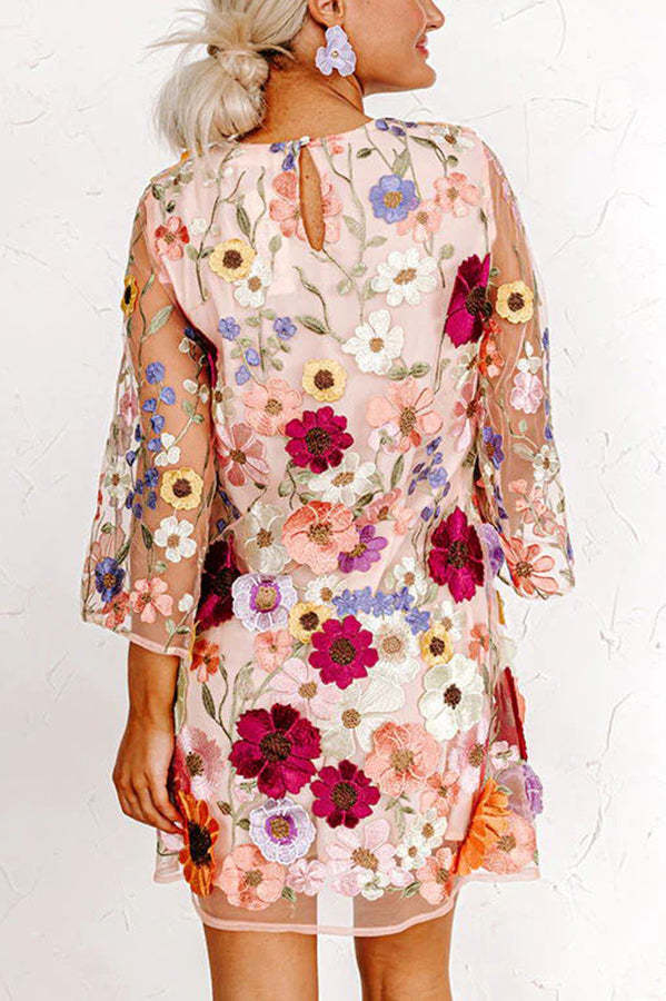 Dahlia Dreaming Embroidered Floral Applique Half Sleeve Mini Dress-consonak