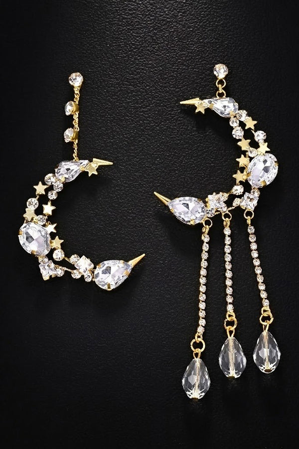 Rhinestone-Embellished Moon and Tassel Drop Earrings-Consonak