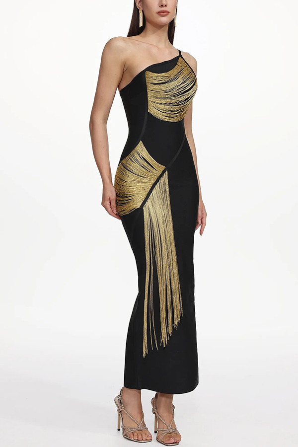 Roanna One Shoulder Sleeveless Glossy Tassels Bandage Maxi Dres