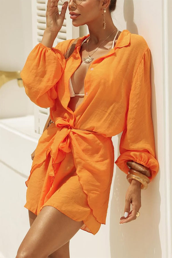 Kala Linen Blend Button Balloon Sleeve Blouse and Elastic Waist Warp T