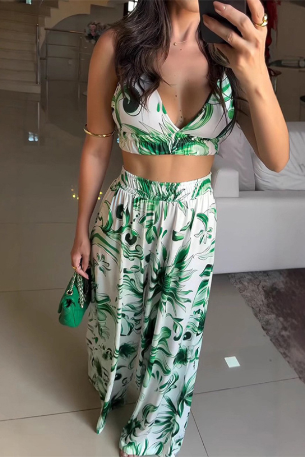 Floral Print V-neck Camisole Top and Elastic Waist Wide-leg Pants Set