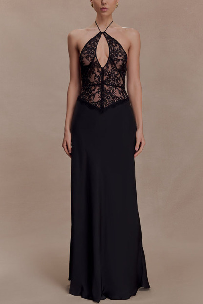 Timeless Silhouette Lace and Satin Halter Backless Drape Maxi Dresset-consonak