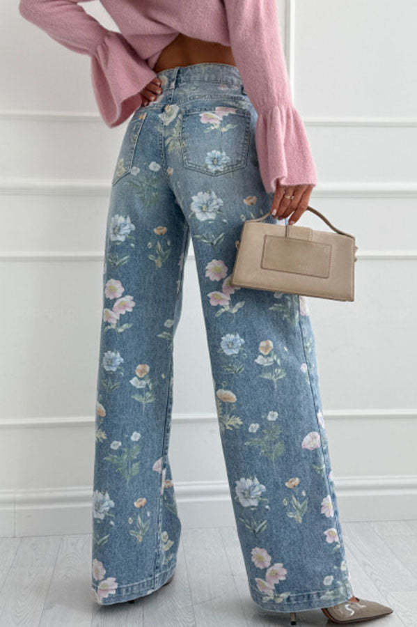 Spring Calling Denim Colorful Floral Print High Rise Pocket Straight Leg Jeans