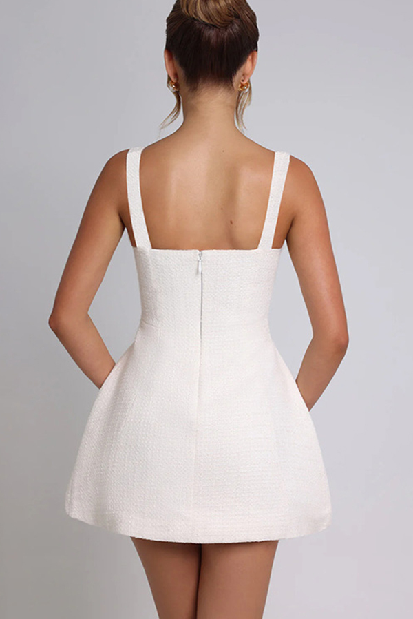 Elegant Tweed Square Neck Open Back Slim Pocket Mini Dress-consonak