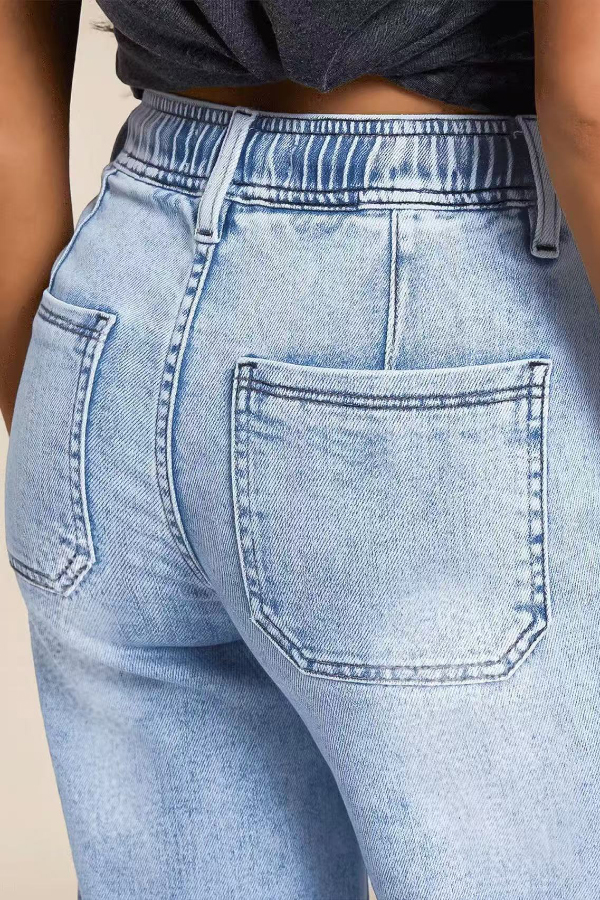 Stylish Elastic Waistband Drawstring Casual Pocket Loose Straight Leg Jeans