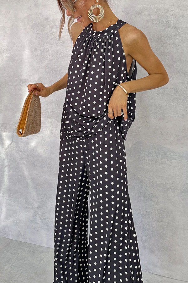 Imanie Polka Dot Print Back Tie-up Tank and Elastic Waist Wide Leg Pants Set-consonak