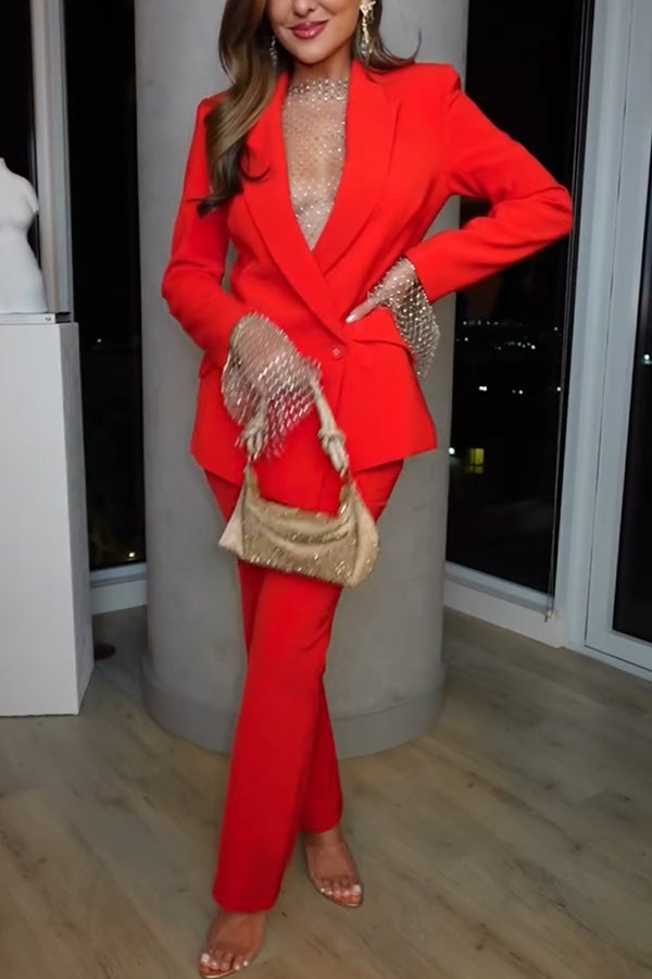 Luxe Lifestyle Single Button Lapel Blazer and Elastic Waist Pocketed Straight Suit Pants Set-consonak