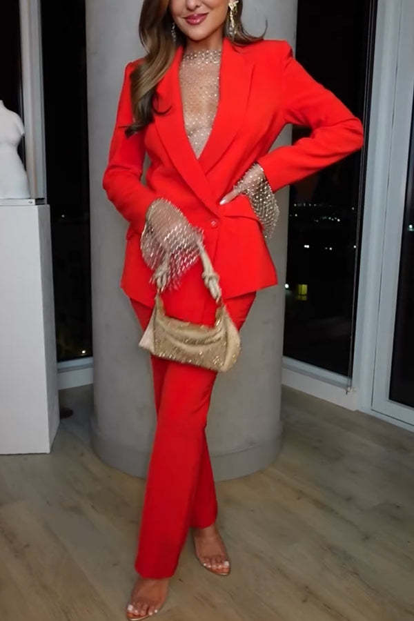 Luxe Lifestyle Single Button Lapel Blazer and Elastic Waist Pocketed Straight Suit Pants Set-consonak