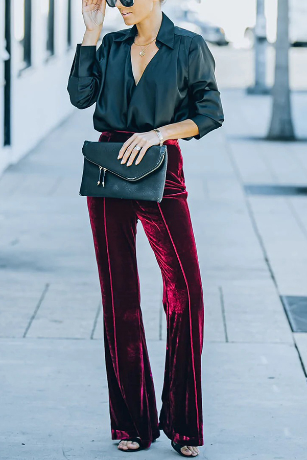 Claudia Velvet High Rise Elastic Waist Flare Stretch Pants-consonak