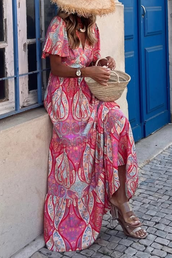 Unique Print V-neck Short-sleeved Elegant Fitted Waist Maxi Dress-consonak