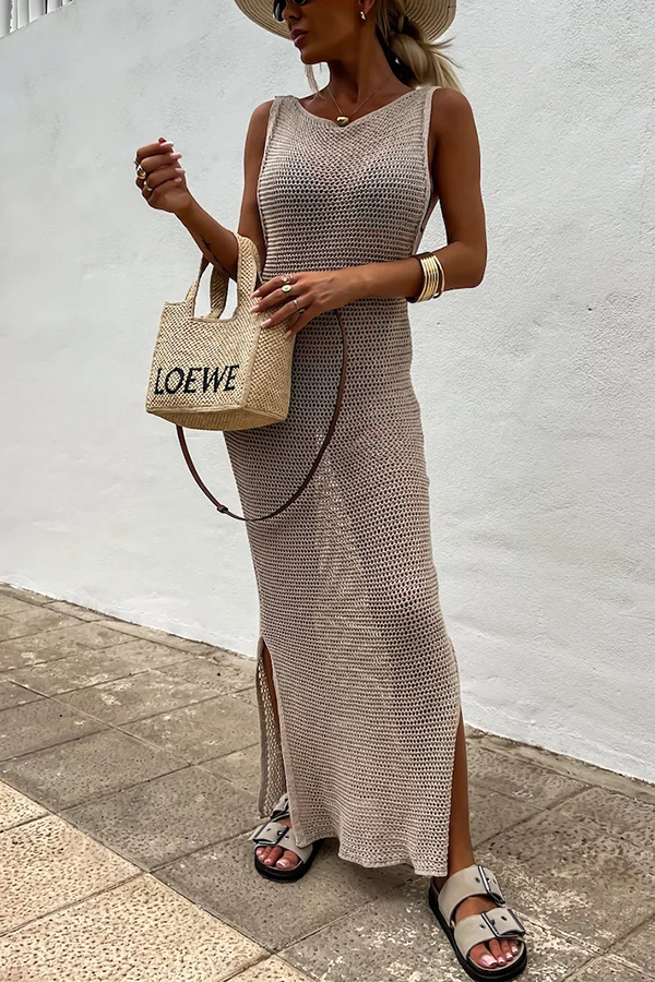 Solid Color Knitted Cutout Slit Slim Fit Maxi Dress-consonak
