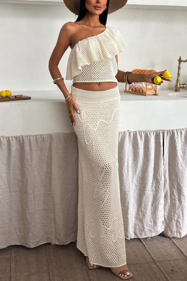 Solid Color One-shoulder Ruffled Openwork Top and Elastic Waist Holiday Knit Maxi Skirt Cover-up Set-consonak