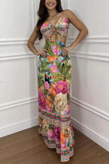 Mexico Style Tropical Print Ring Cutout Lace-up Vacation Maxi Dress-consonak