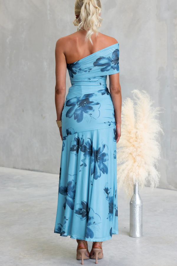Floral Print Elegant Mesh Off-shoulder Fitted Maxi Dress-consonak