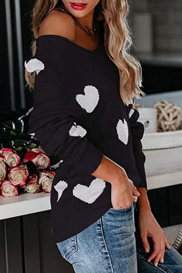 Stylish Color-blocked Heart-patterned Long-sleeved Loose Knit Sweater-consonak