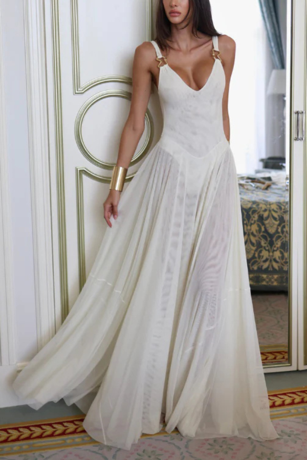 Solid Color V-neck Sleeveless Slim-fit Elegant Mesh Maxi Dress