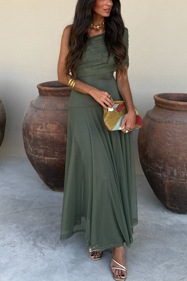 In My Arms Mesh Ruched Strapless Paneled Drape Flare Maxi Dress
