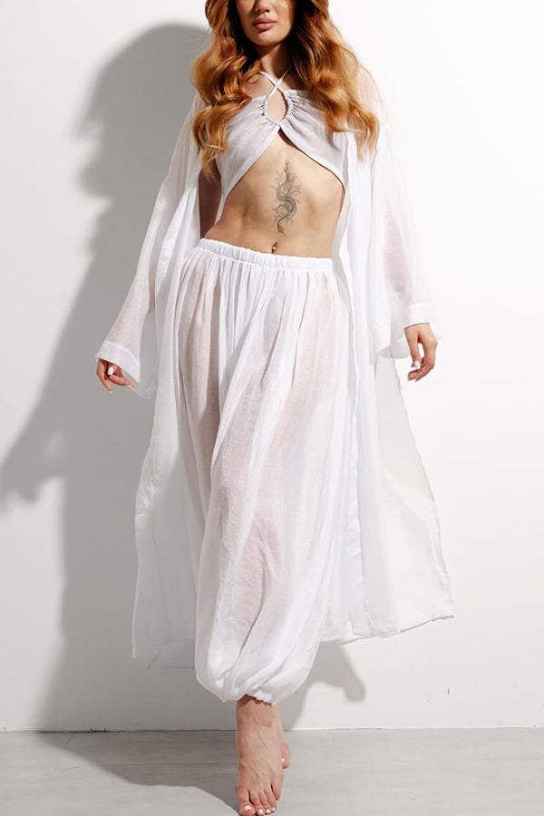 Flowy Linen Blend Halter Tank & Elastic Waist Tie-up Wide Leg Pants & Kimono Cover-Ups 3pieces Set