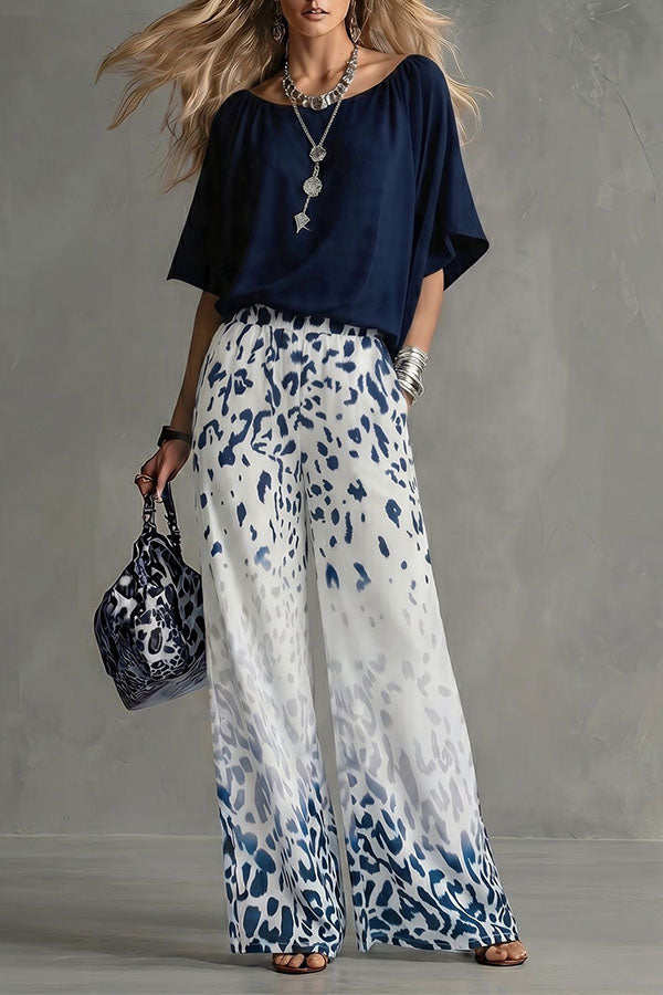 Safari Glam Draped Blouse & Ombre Leopard Wide-Leg Trousers Set-Consonak
