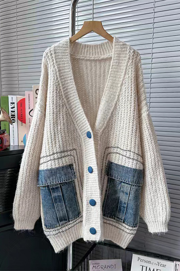 Fashionable Loose Spliced ​​denim Pocket Knitted Sweater Cardigan-consonak