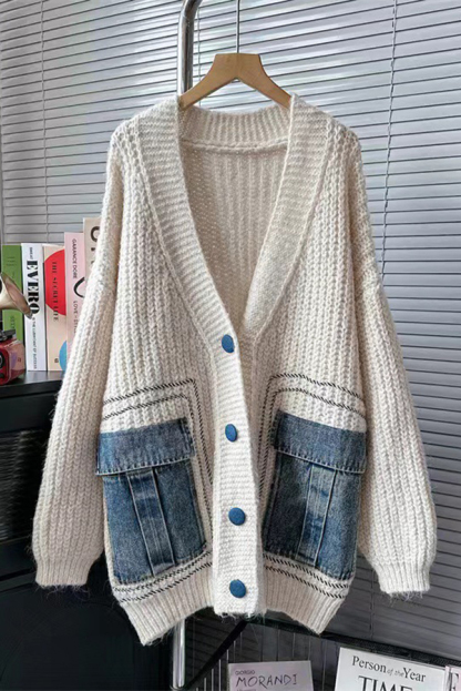 Fashionable Loose Spliced ​​denim Pocket Knitted Sweater Cardigan-consonak