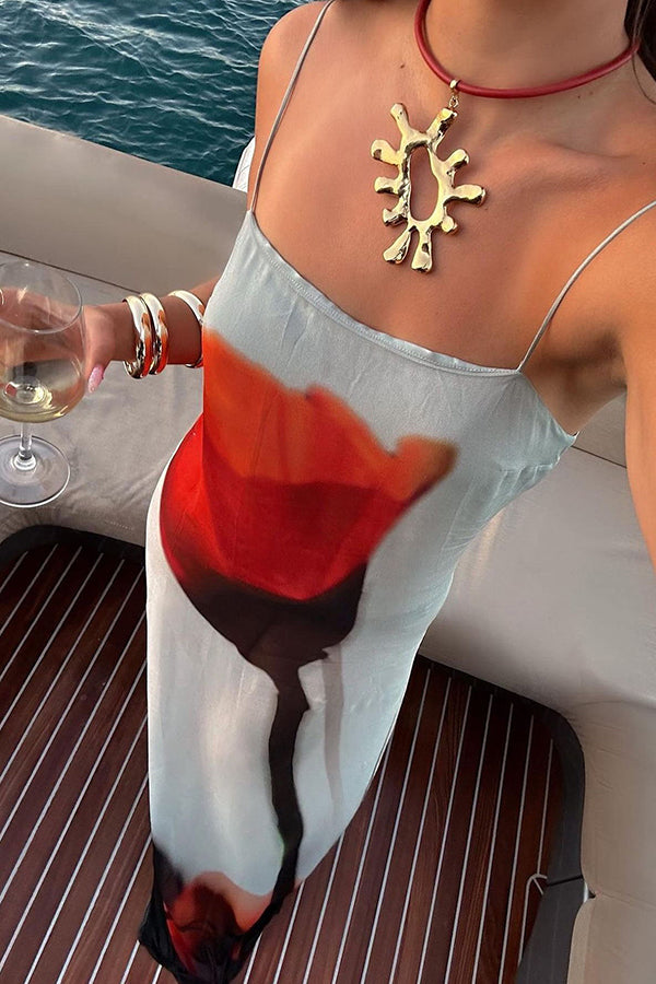 Passionate wine glass flower abstract tulip print H-shaped casual long dress-consonak