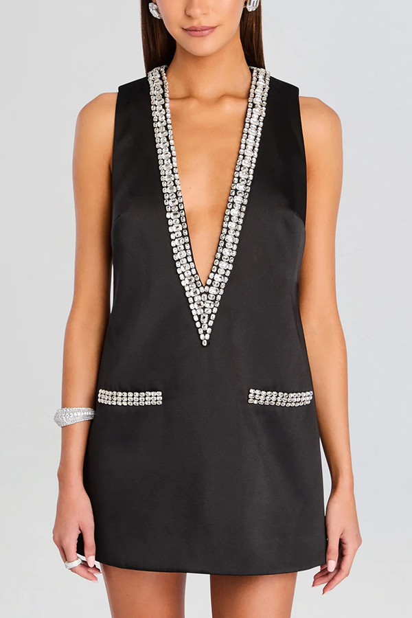 Elegant Demeanor Satin Gemstone Trim Deep V-Neck Tank H-line Mini Dress | Consonak