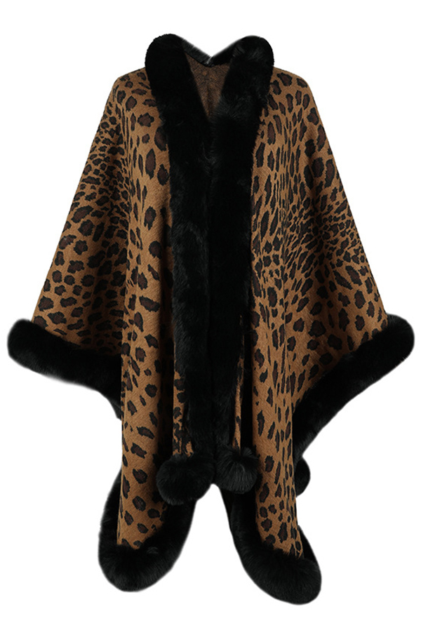 Leopard Print Fashionable Raw Edge Shawl Cape Cardigan-consonak