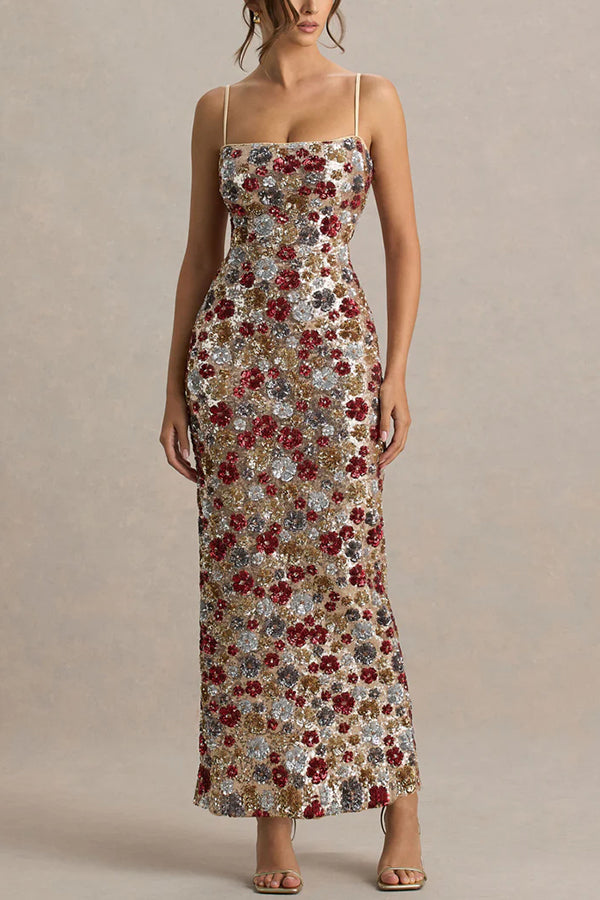 The Center of Attention Floral Print Sequin Square Neck Slip Stretch Maxi Dress-consonak