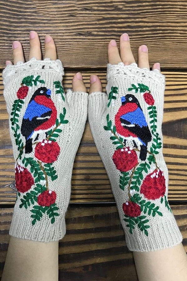 Little Red Bird Flower Embroidery Knitted Warm Gloves-consonak