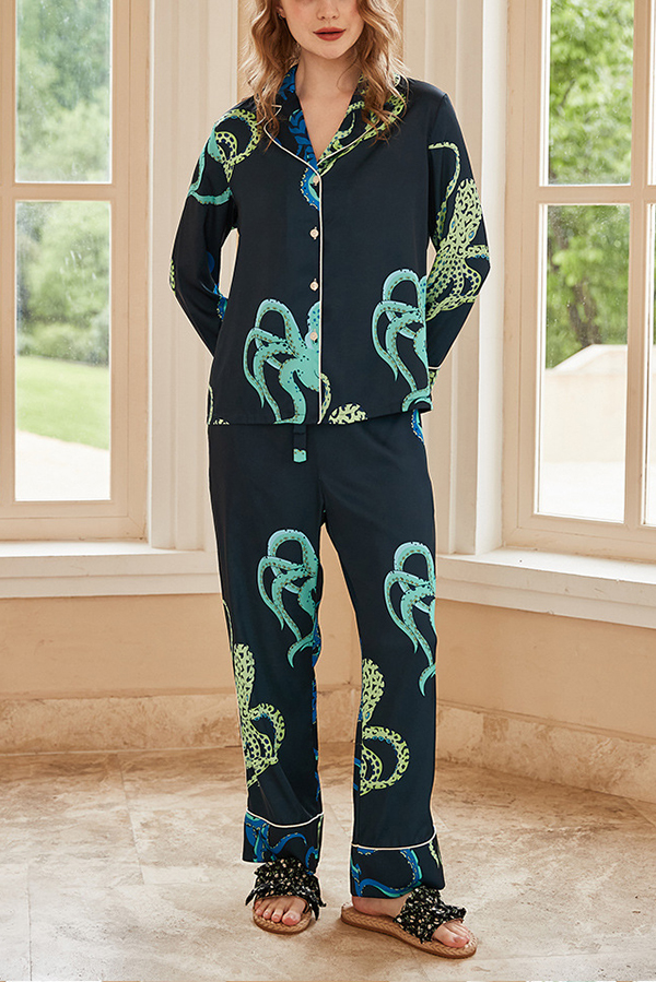 Black Octopus Print Home Long-sleeved Two-piece Set | Consonak