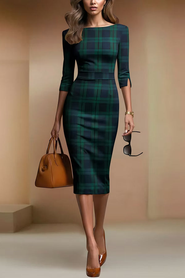 Plaid Print Half Sleeves Fitted Elegant Midi Dress-consonak