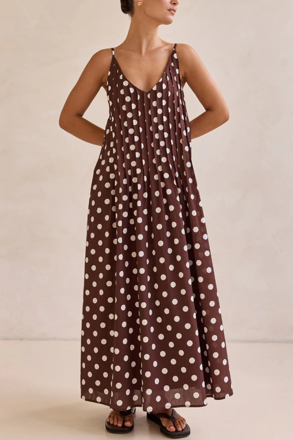 Polka Dot Print V-neck Pleated Casual Vacation Maxi Dress-consonak