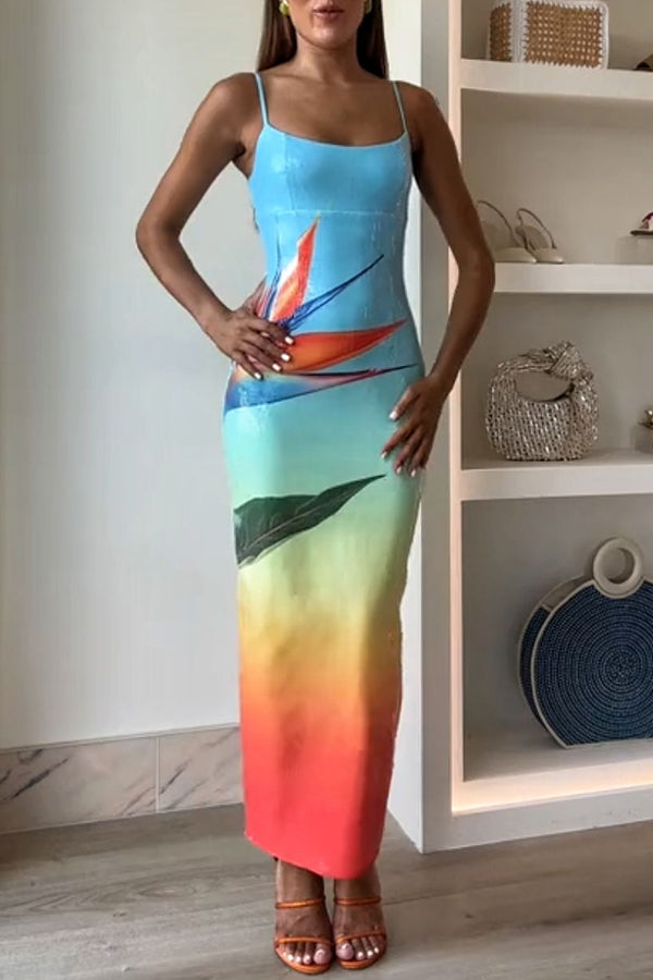 Dreamy Dreamy Sequin Unique Floral Gradient Print Slit Stretch Maxi Dress(Shipped within 24 hours)-Consonak