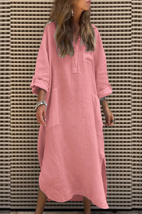 Solid Color Casual Button Pockets Irregular Hem Maxi Dress-consonak