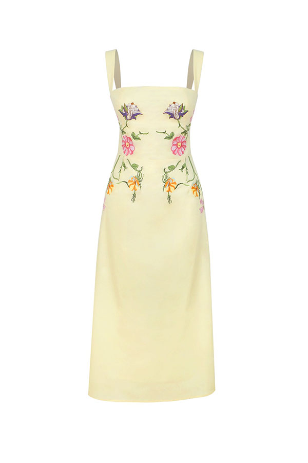 Artistically Crafted Symmetrical Floral Print Square Neck Pencil Midi Dress