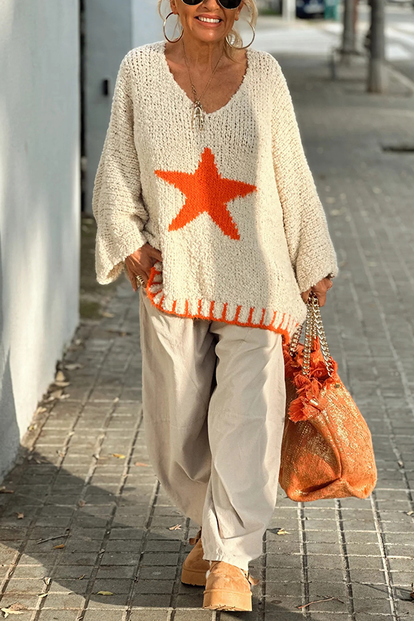 Warm Winter Day Texture Knit Star Pattern Contrast Color Loose Sweater-consonak