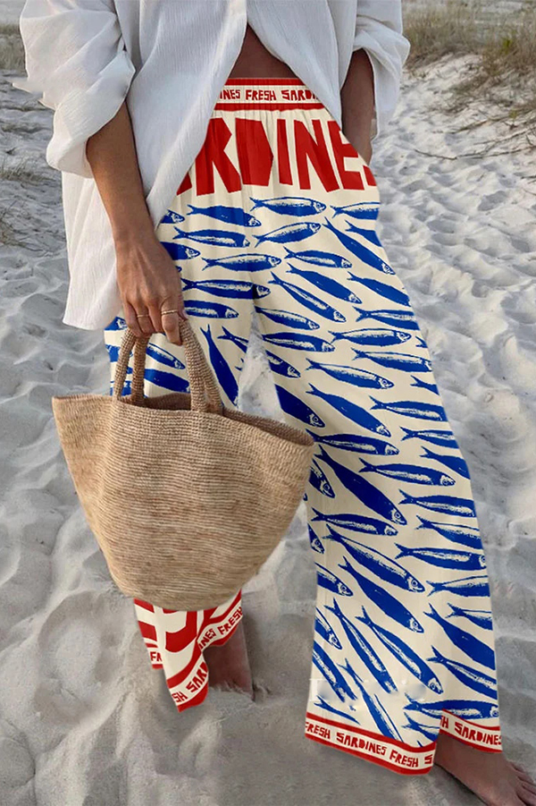 Unique Marine Print Elastic Waist Loose Pocket Pants | Consonak