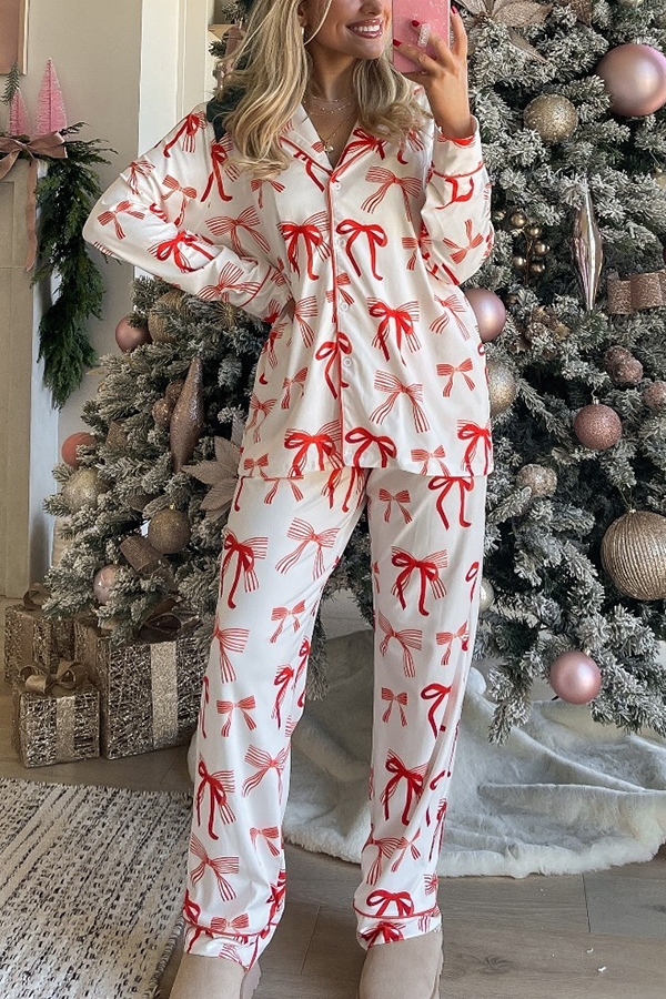Christmas Bow Print Long Sleeve Shirt and Elastic Waist Pocket Pants Set-consonak