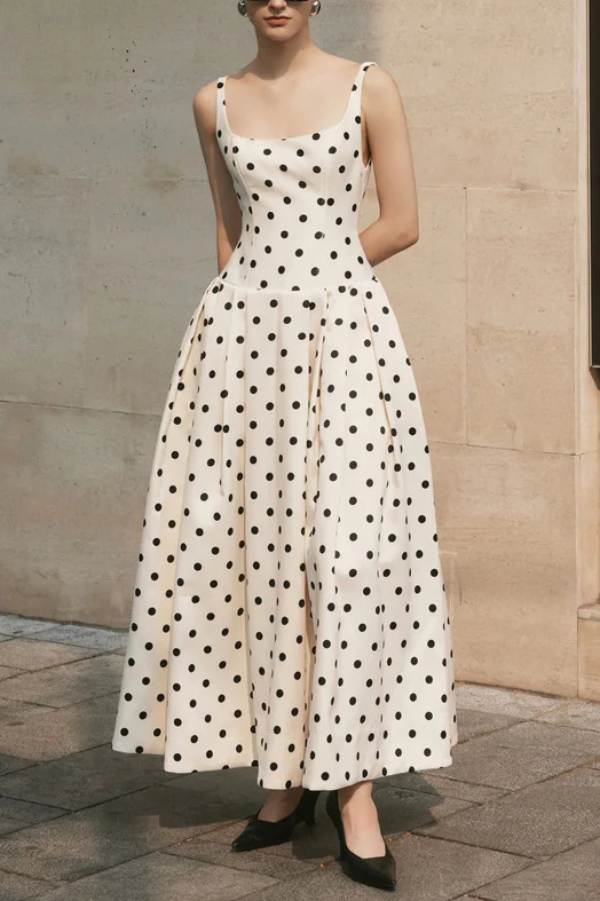 Polka Dot Print Square Neck Sleeveless Holiday Maxi Dress