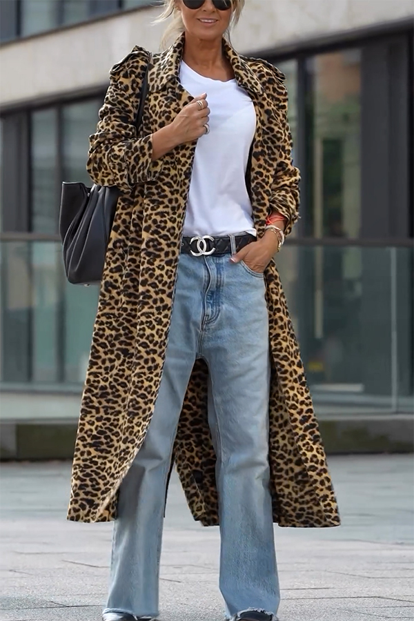 Be Free Velvet Leopard Print Long Sleeve Loose Midi Trench Coat | Consonak