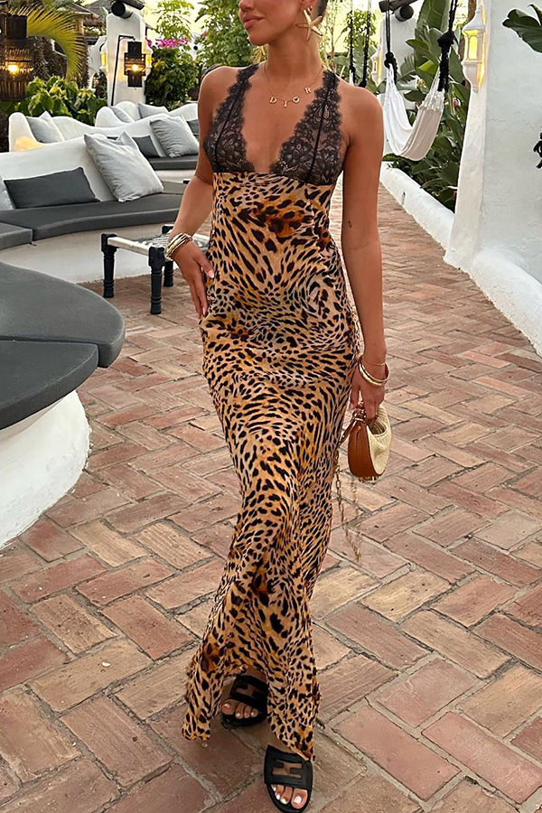 Rosalinda Abstract Floral Print Lace Patchwork Back Lace-up Maxi Dress-consonak