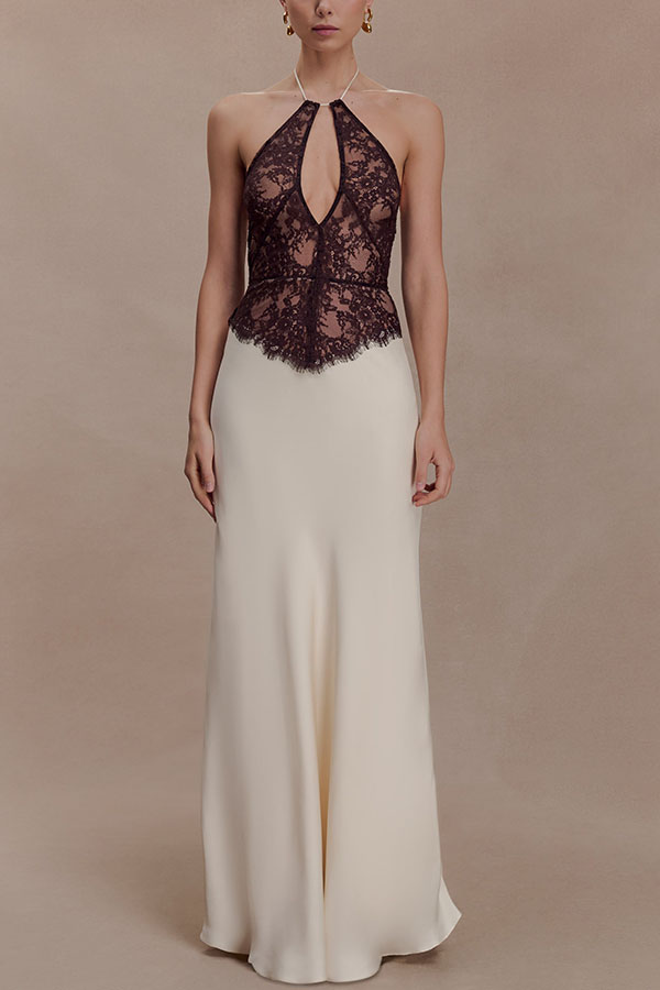 Timeless Silhouette Lace and Satin Halter Backless Drape Maxi Dresset-consonak