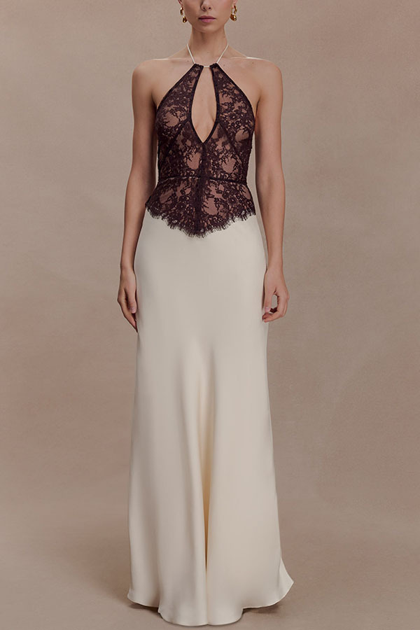 Timeless Silhouette Lace and Satin Halter Backless Drape Maxi Dresset-consonak