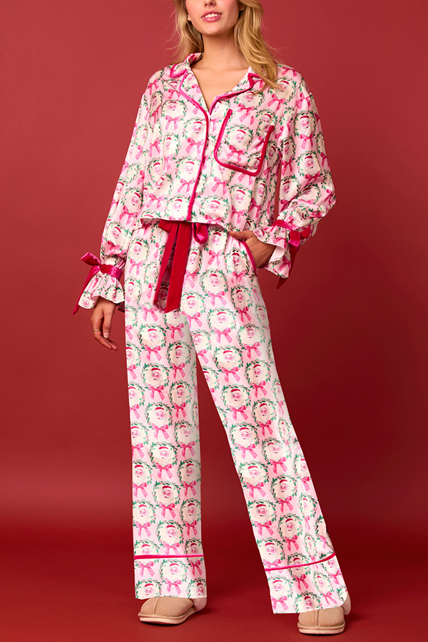 Christmas Printed Velvet Lace-up Long-sleeve Pocket Top and Elastic Waist Wide-leg Pants Set-consonak
