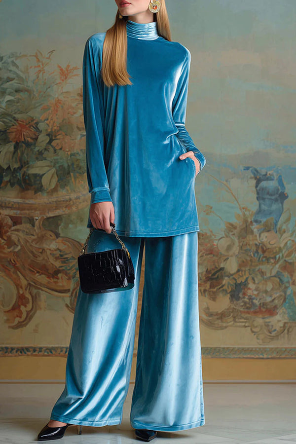Solid Color Velvet Turtleneck Long-sleeved Loose Top and Elastic Waist Pocket Casual Wide-leg Pants Set-consonak